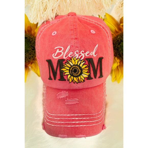 Accessories - DISTRESSED HOT PINK 'BLESSED MOM' SUNFLOWER CAP Brand New